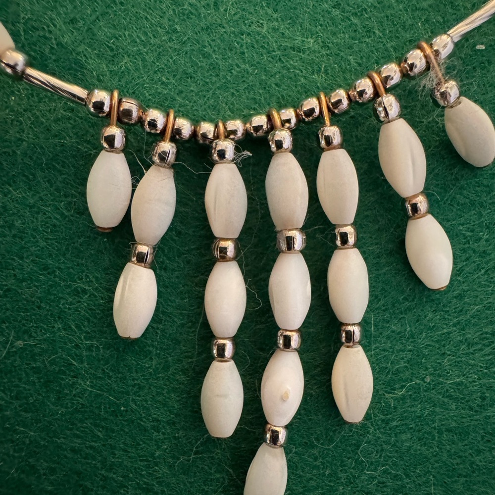 Elegant White and Silver Beaded Necklace mother of pearl and sterling vintage